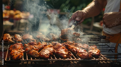 A backyard barbecue with a grill master tending to racks of seasoned chicken, smoke billowing as it cooks to perfection.