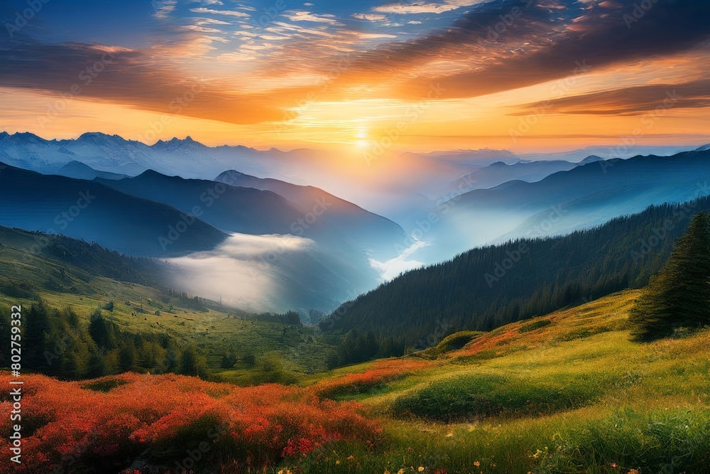Mountain landscape at sunset, Generative AI Mountain landscape at sunset, Generative AI
