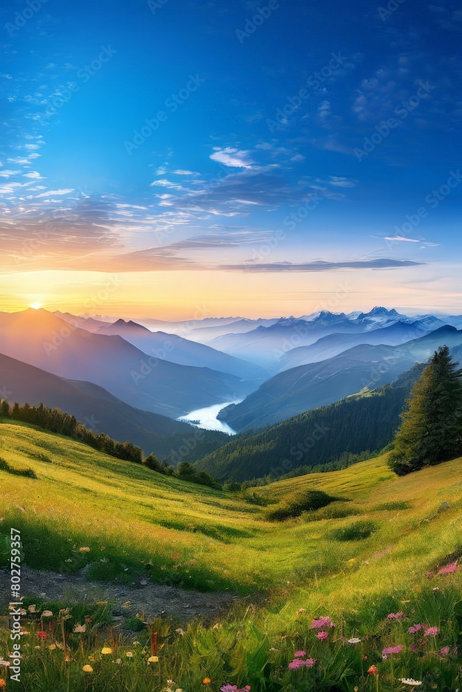 Obraz premium Mountain landscape at sunset, Generative AI