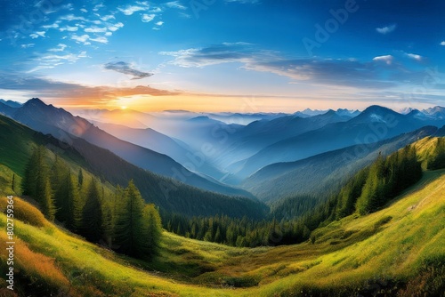 Mountain landscape at sunset, Generative AI