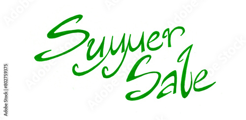 Lettering Summer Sale in green. Isolated on white background. Calligraphy. Italic font. Twisted serif letters. photo