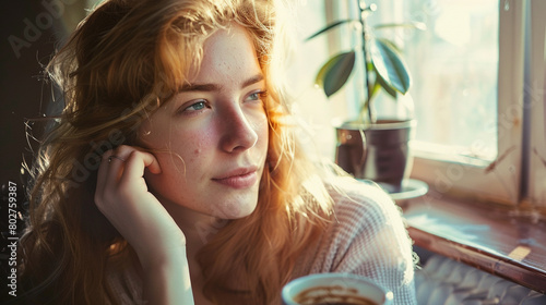 woman drinking coffee in the morning great pleaure see view out side photo