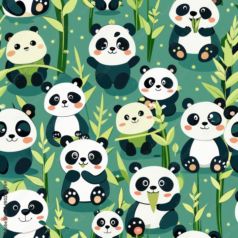 Naklejka premium Seamless pattern of cuddly ghost pandas munching on bamboo, Generative AI