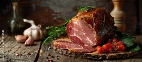 Italian smoked ham on a wooden tabletop photo
