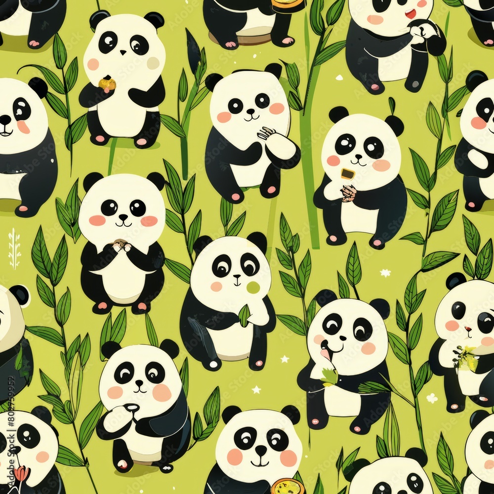 Seamless pattern of cuddly ghost pandas munching on bamboo, Generative AI Seamless pattern of cuddly ghost pandas munching on bamboo, Generative AI