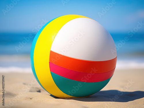 a colorful beach ball on sand