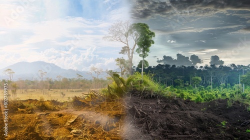 A before-and-after image showcasing the transformation of a degraded landscape into a thriving forest ecosystem through reforestation.