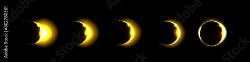 Total and partial solar eclipse. Lunar phase light vector. Isolated planet ring in space with flare. Complete ecliptic scientific outer shine for sunrise graphic set. Different universe skyline glow photo