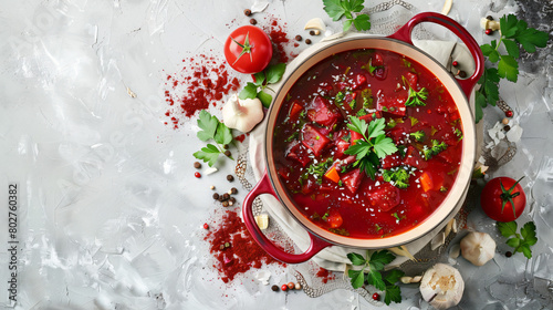 Pot with tasty borscht on light background