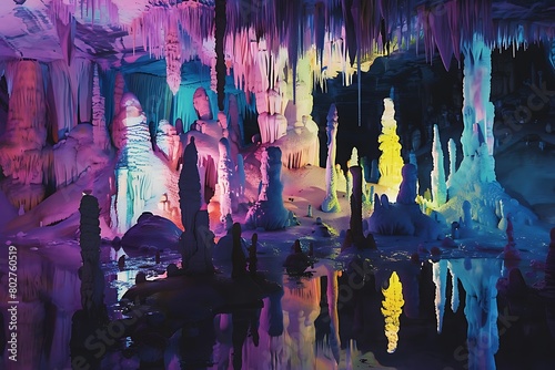 A cavern where the stalactites and stalagmites are luminous and colorful.