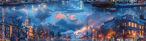 Transform a city street into a utopian maritime wonderland using traditional oil painting techniques Infuse the scene with dreamlike colors