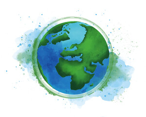 watercolor earth globe green blue on Save Earth, World Earth Day Concept. Sustainable Environmental Care concept. Green energy is eco-friendly to the Carbon reduction emission