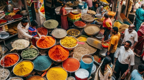 A bustling Indian marketplace with vendors selling an array of colorful spices, grains, and fresh produce for cooking.