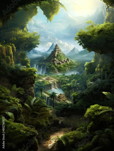 Morning landscape with mountains  a tree  and traditional architecture in Asia  ancient temple  lost city