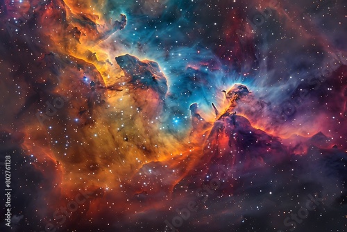 A celestial spectacle a vibrant nebula explodes with a breathtaking array of colors within the depths of a star-studded night sky, showcasing the vastness and wonder of the cosmos.