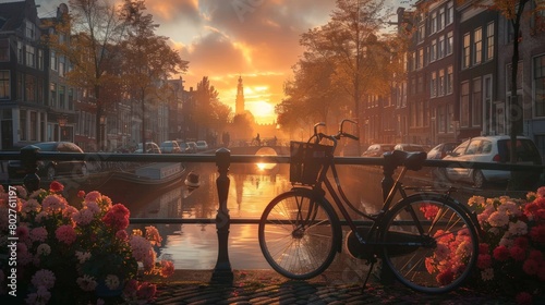 Morning in Amsterdam. Golden Sunrise over Bicycle, Flower and Bridge in a Scenic Cityscape View.