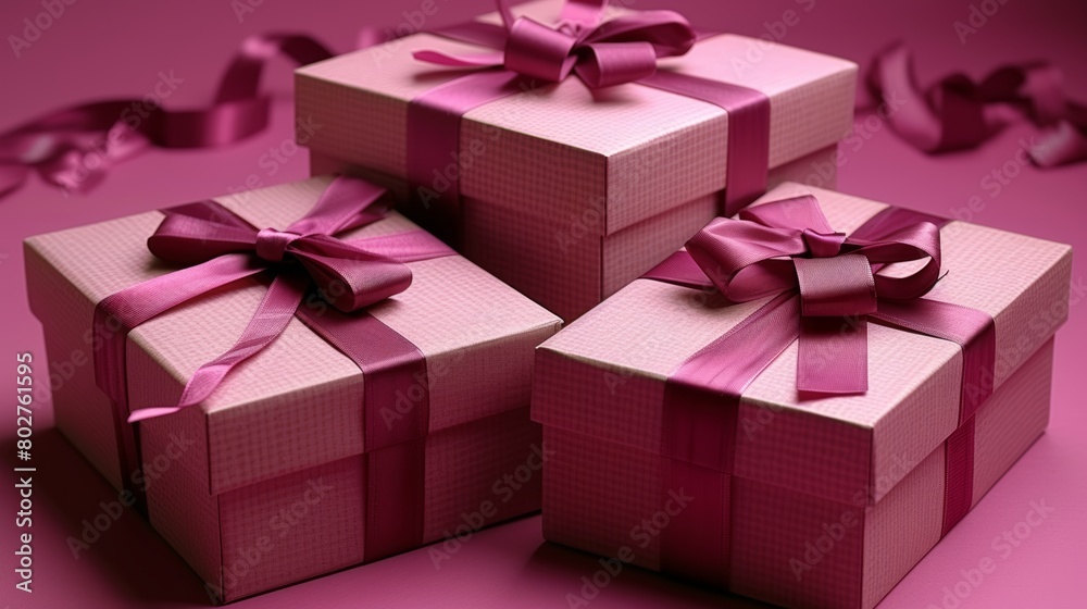 Valentine's Day background with realistic festive gift boxes. Romantic presents. Pink boxes with red ribbon, a gift surprise. Valentine's Day background with realistic festive gift boxes. Romantic presents. Pink boxes with red ribbon, a gift surprise.