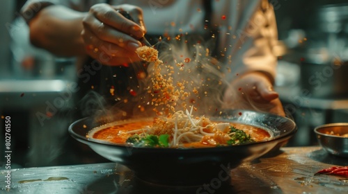 A chef adding the final touches to a bowl of Tom Yum Goong soup  garnishing it with a drizzle of coconut milk and a sprinkle of chili flakes.