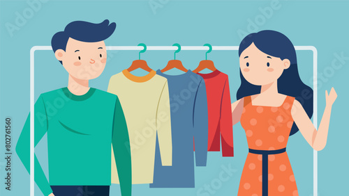 The couple sharing a knowing smile as they peruse a rack of vintage clothing mentally transported back to their younger years.. Vector illustration
