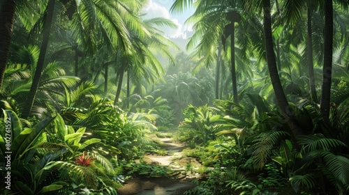 Sunlight in Tropical Rainforest Landscape of Palm Trees and Blooms with Birds