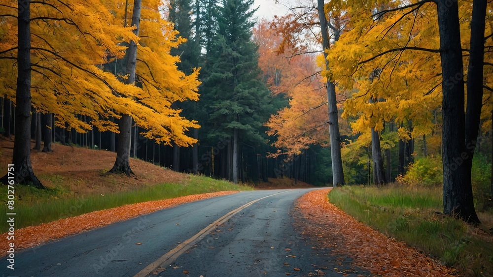 Autumn Trees Along a Driveway Beautiful Green Forest Meets Road, Scenic Autumn Drive Beautiful Trees and Green Forest Along Asphalt Road, Green Forest and Autumn Trees A Beautiful Scene Along an Aspha