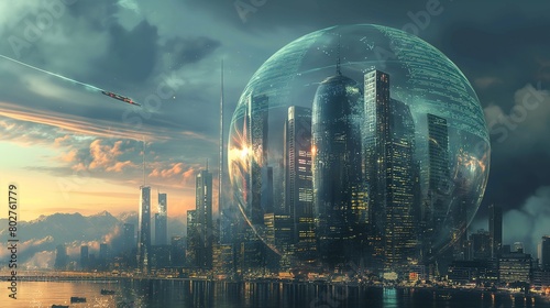 A futuristic city skyline with a protective bubble of encryption enveloping it, safeguarding the digital lives of its inhabitants from external cyber threats. 32k, full ultra hd, high resolution photo