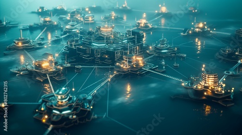 A network of fortified digital islands, each protected by its own security measures, connected by encrypted bridges over a sea of cyber vulnerabilities. 32k, full ultra hd, high resolution photo
