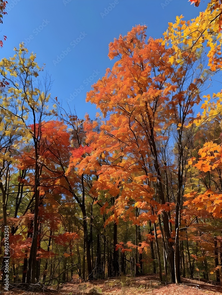 Vibrant Autumnal Forest Landscape with Colorful Foliage and Clear Blue Sky