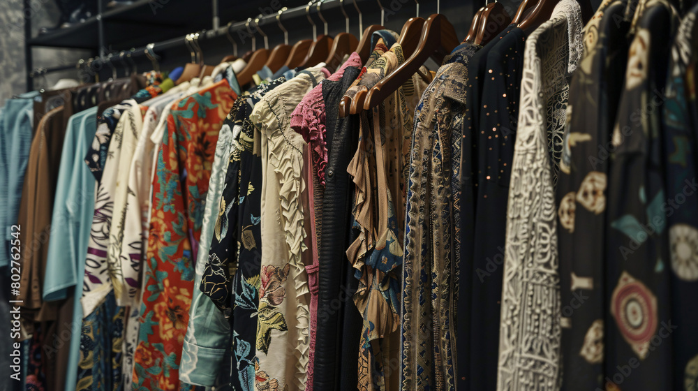 Rack with stylish female clothes in boutique