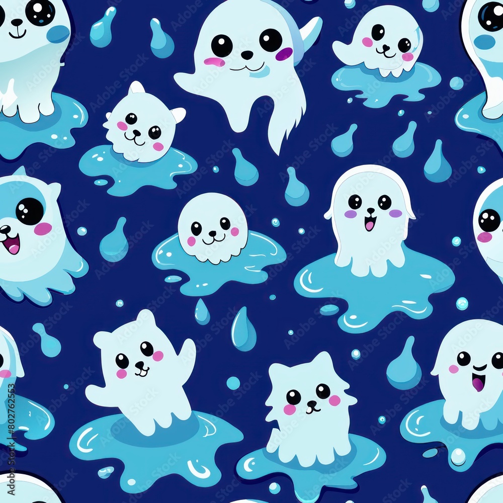 Seamless pattern of friendly ghost puppies splashing in puddles, Generative AI