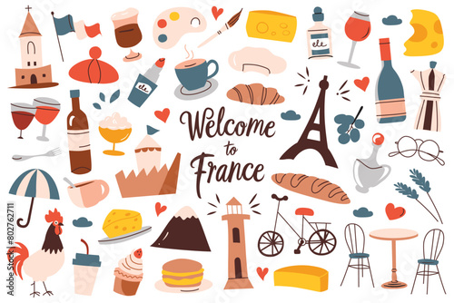 France symbols hand drawn collection, icons of Eifel tower, cheese, croissant, traveling in Paris, tourism vector illustrations, famous French sightseeing, set of wine and flag doodles