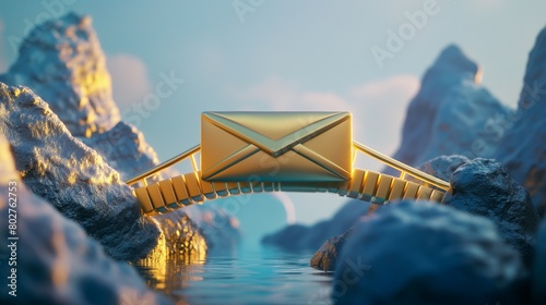 A secure email gateway visualized as a golden bridge over a chasm of spam and phishing threats, ensuring safe passage for legitimate communications. 32k, full ultra hd, high resolution photo