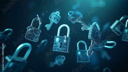 A series of digital locks and keys floating in cyberspace, with each key designed to fit its corresponding lock perfectly, symbolizing secure online transactions. 32k, full ultra hd, high resolution photo