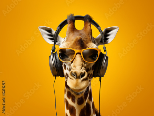 A giraffe wearing headphones and sunglasses