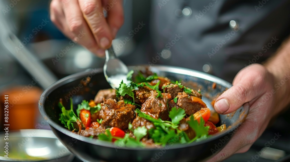 A chef garnishing a bowl of lamb razala with a sprinkle of fresh herbs and a drizzle of creamy yogurt, adding the finishing touch.