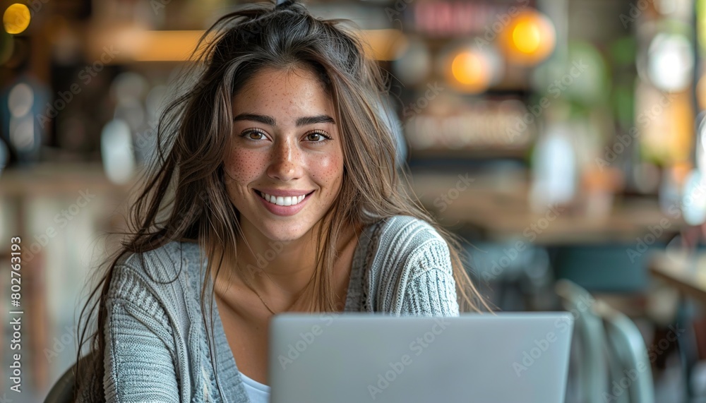 Happy joyful smiling casual satisfied woman learning and communicates in sign language online using laptop at cafe 