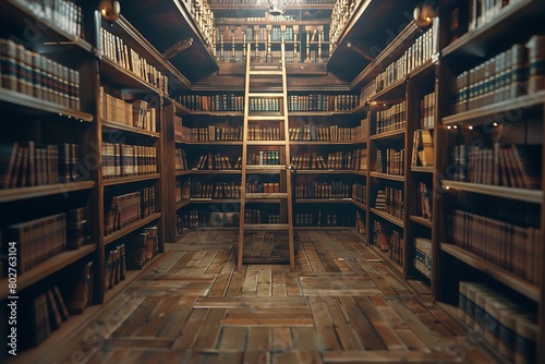 A classic library setting with rows of bookshelves and a rolling ladder.