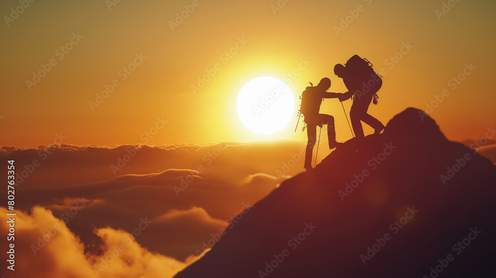 Silhouette two climbers help each other to reach the top of the mountain, fighting spirit and togetherness theme.. Silhouette two climbers help each other to reach the top of the mountain, fighting spirit and togetherness theme..