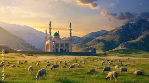 A scenic Eid Al Adha landscape with a mosque and grazing sheep, ideal for greeting cards.  photo