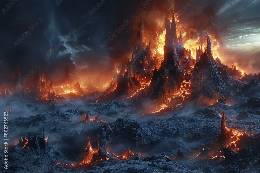 Fantasy landscape with a burning volcano in the background,   rendering