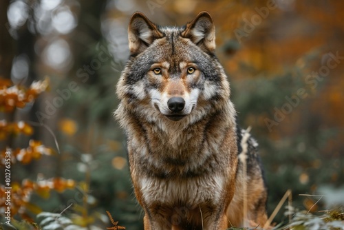 Grey wolf  Canis lupus  in the autumn forest