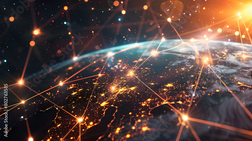 A Image of a widely interconnected global network.  There are bright dots and lines that indicate digital connections