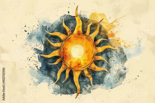 Sun and watercolor background,  Hand drawn watercolor illustration with sun © ChuLai
