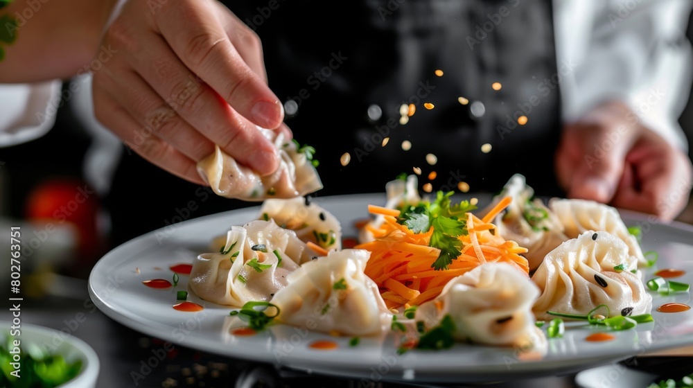 A chef meticulously arranging a plate of beautifully garnished momos, showcasing their delicate folds and vibrant colors. A chef meticulously arranging a plate of beautifully garnished momos, showcasing their delicate folds and vibrant colors.