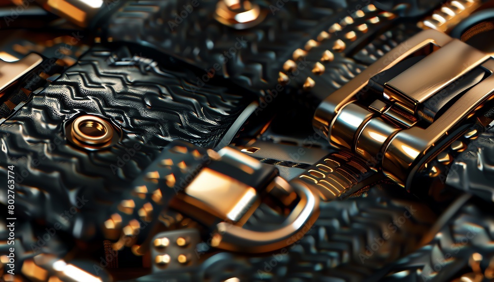 Capture the intricate details of cyberpunk-inspired metallic accessories intertwined with leather straps and textured fabrics Illuminate the rebellious essence through dramatic lig Capture the intricate details of cyberpunk-inspired metallic accessories intertwined with leather straps and textured fabrics Illuminate the rebellious essence through dramatic lig