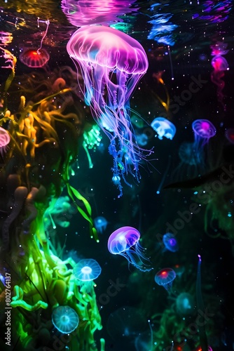 Enchanting Bioluminescent Underwater Realm with Glowing Jellyfish and Vibrant Aquatic Creatures