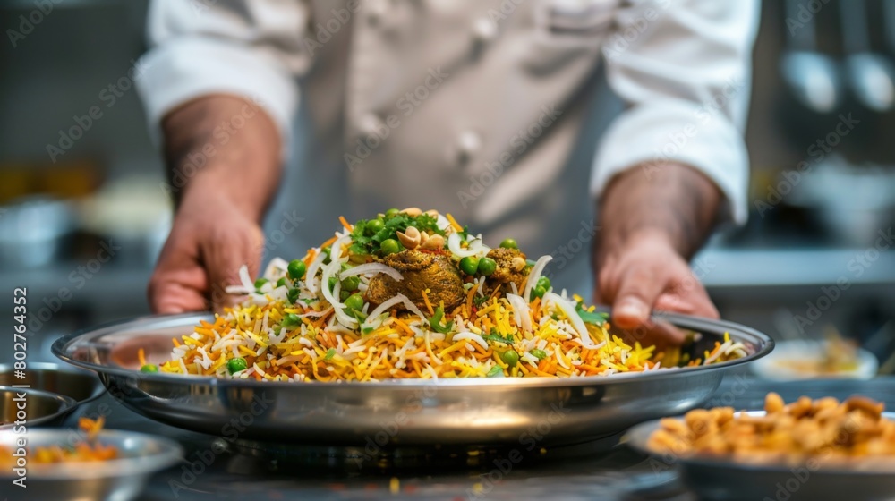 A chef presenting a plate of flavorful saffron-infused biryani, garnished with fried onions and toasted nuts for a touch of elegance