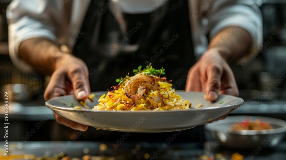 A chef presenting a plate of flavorful saffron-infused biryani, garnished with fried onions and toasted nuts for a touch of elegance