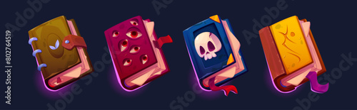 Ancient magic spell books set isolated on black background. Vector cartoon illustration of medieval volumes with old leather covers decorated with eyes, skull, hieroglyph, mysterious wizard literature