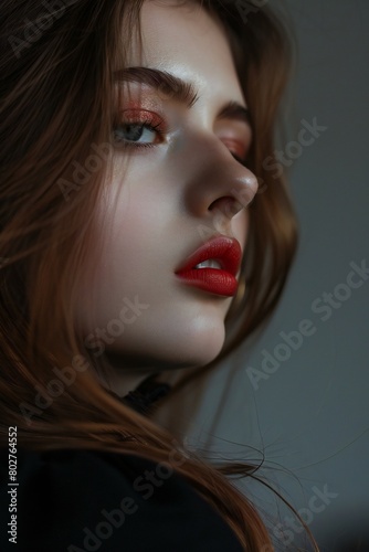 Portrait of a beautiful young woman with red lips and curly hair